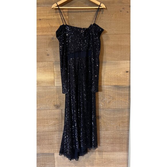 JASON WU COLLECTION Asymmetric navy cold-shoulder sequined chiffon maxi dress Si - Picture 7 of 12